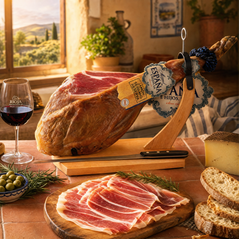 Lot de jambon serrano réserve 6 - 6,5kg + support à jambon