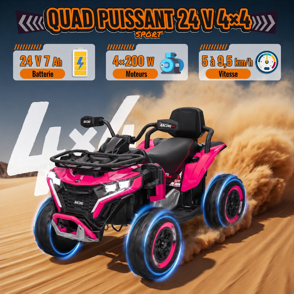 Quad électrique enfant 24 V – 2 places, 4 roues motrices, télécommande parentale