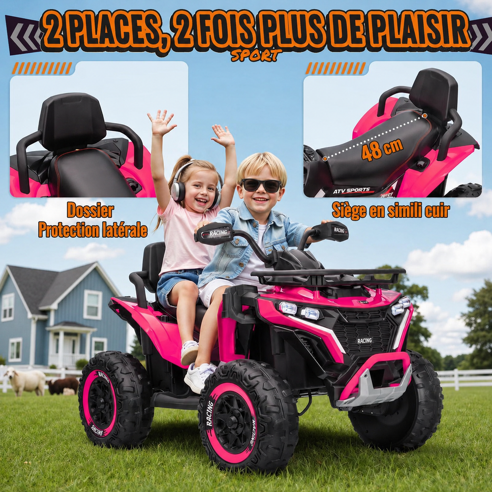 Quad électrique enfant 24 V – 2 places, 4 roues motrices, télécommande parentale