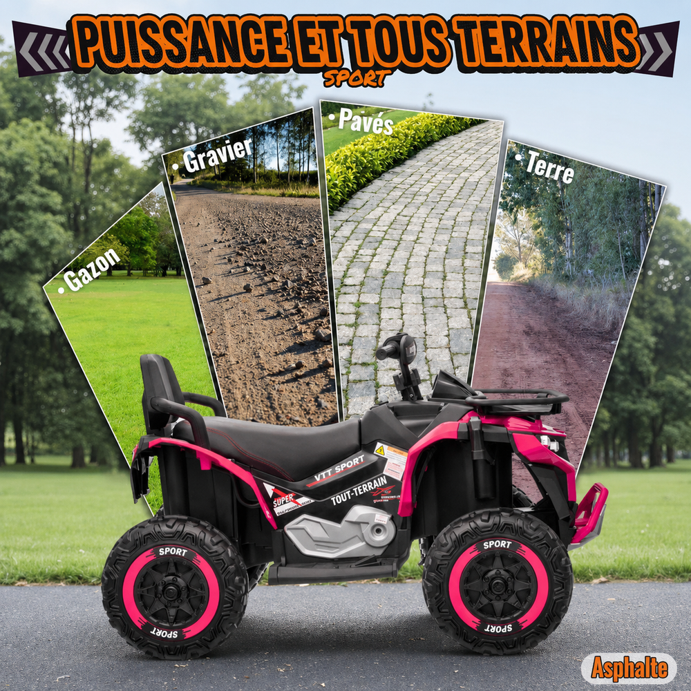 Quad électrique enfant 24 V – 2 places, 4 roues motrices, télécommande parentale