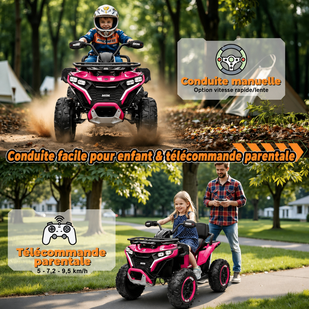 Quad électrique enfant 24 V – 2 places, 4 roues motrices, télécommande parentale