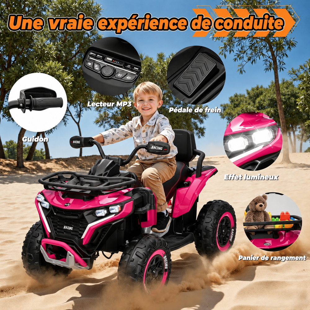 Quad électrique enfant 24 V – 2 places, 4 roues motrices, télécommande parentale