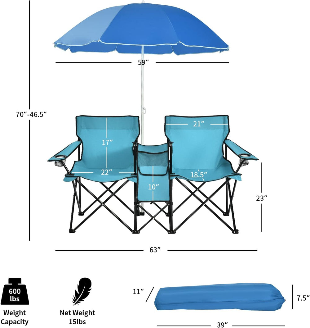 Chaise camping 2 places avec parasol — GOPLUS pliante