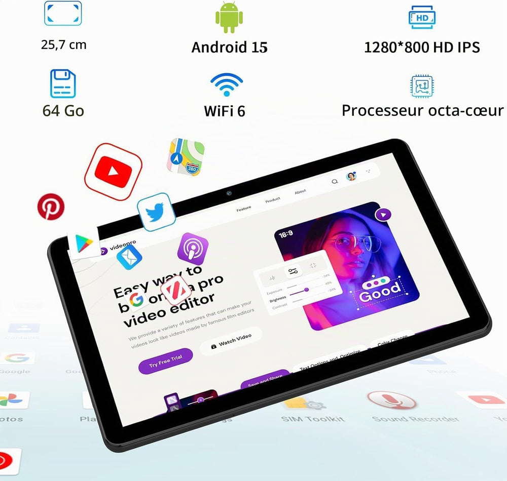 PRITOM - Tablette 10,1 pouces avec clavier et souris, 16 Go + 64 Go, Android 15