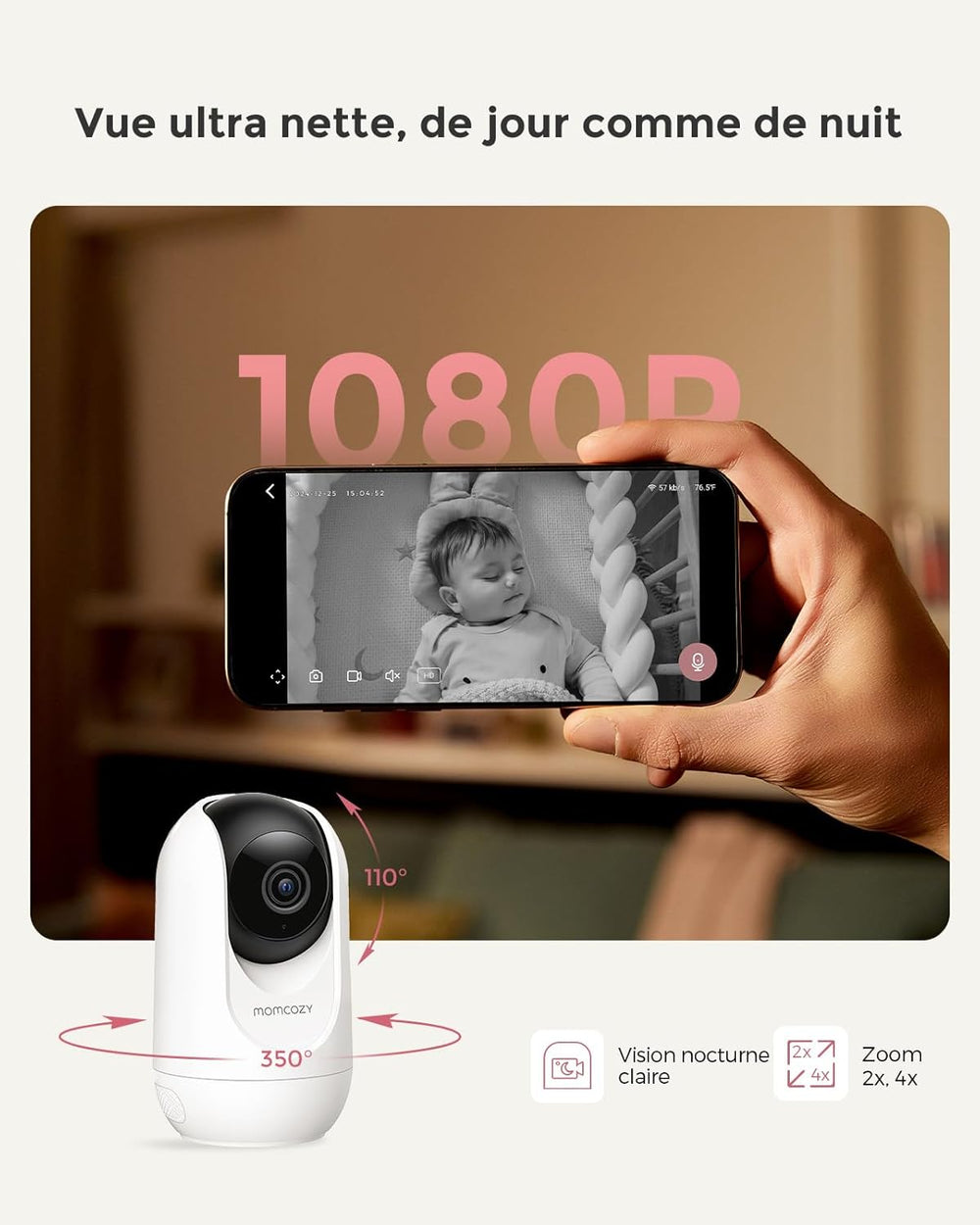 Moniteur Bébé WiFi – Caméra HD 5" 1080P Fixation Murale, Détection Mouvements/Pleurs