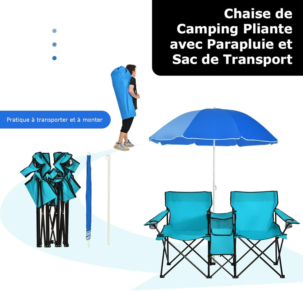 Chaise camping 2 places avec parasol — GOPLUS pliante