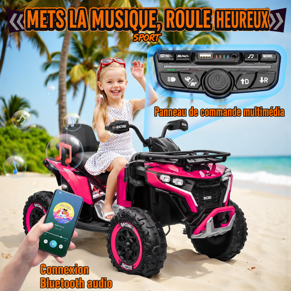 Quad électrique enfant 24 V – 2 places, 4 roues motrices, télécommande parentale