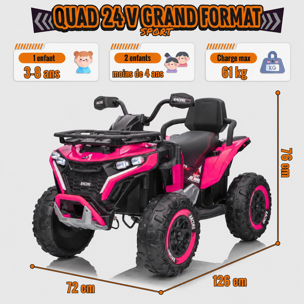 Quad électrique enfant 24 V – 2 places, 4 roues motrices, télécommande parentale