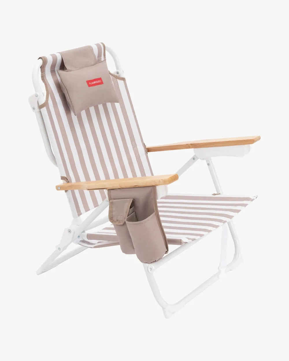 Chaise de Plage Réclinable avec Glacière Intégrée — Dossier 5 Positions, Accoudoirs Bois, Sangles Sac à Dos