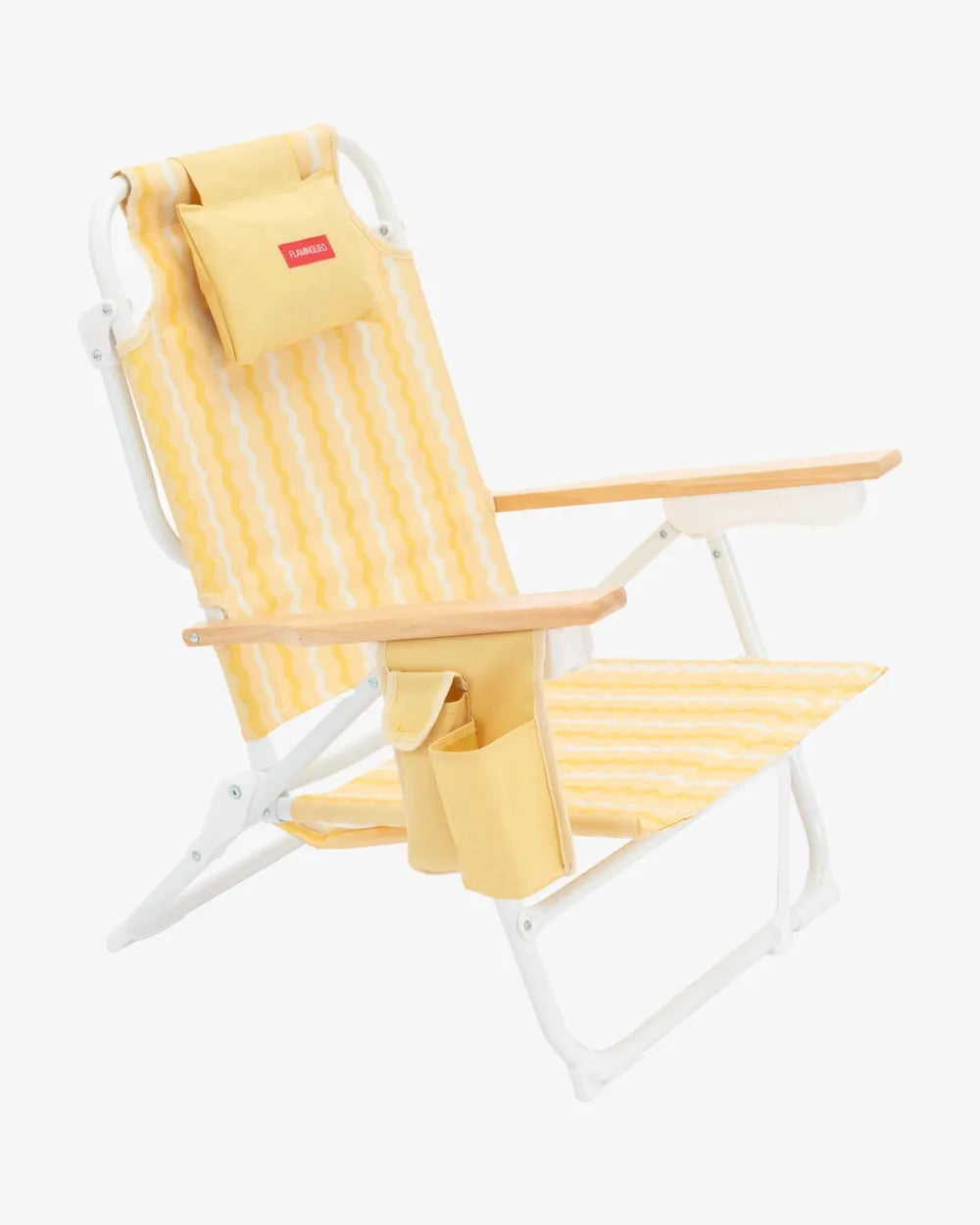 Chaise de Plage Réclinable avec Glacière Intégrée — Dossier 5 Positions, Accoudoirs Bois, Sangles Sac à Dos