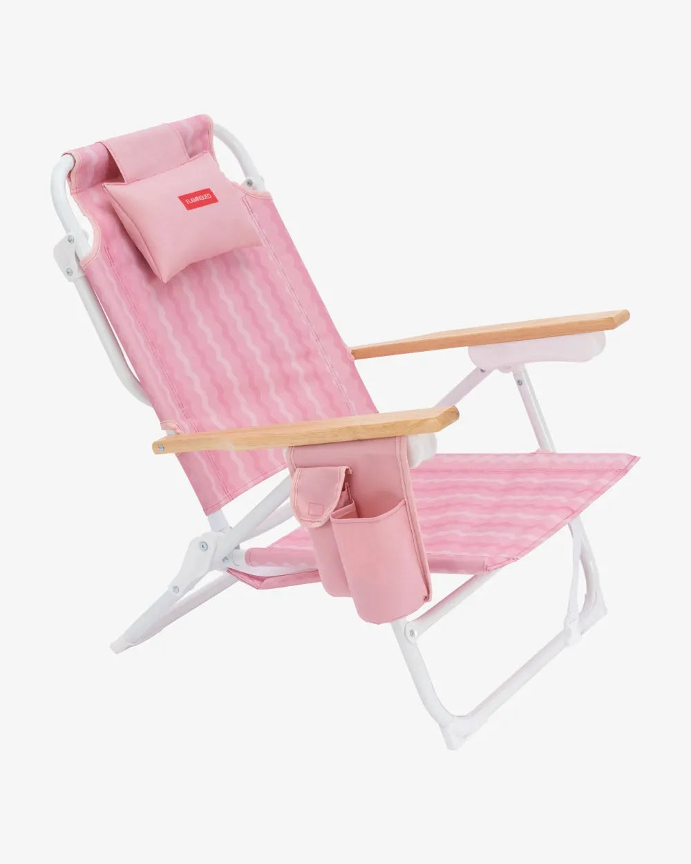 Chaise de Plage Réclinable avec Glacière Intégrée — Dossier 5 Positions, Accoudoirs Bois, Sangles Sac à Dos