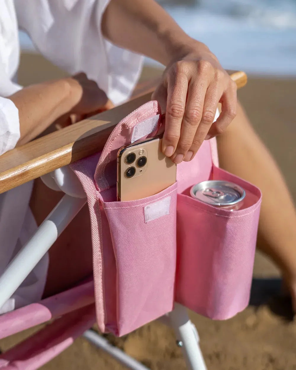 Chaise de Plage Réclinable avec Glacière Intégrée — Dossier 5 Positions, Accoudoirs Bois, Sangles Sac à Dos