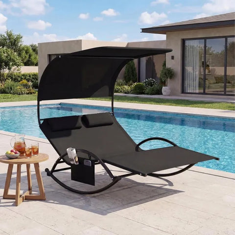 COSTWAY Chaise à Bascule de Jardin 2 Places — Auvent anti-UV, 2 appui-têtes amovibles, capacité 300 kg