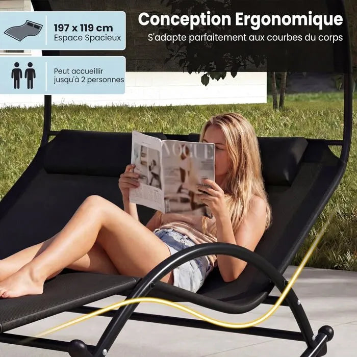 COSTWAY Chaise à Bascule de Jardin 2 Places — Auvent anti-UV, 2 appui-têtes amovibles, capacité 300 kg