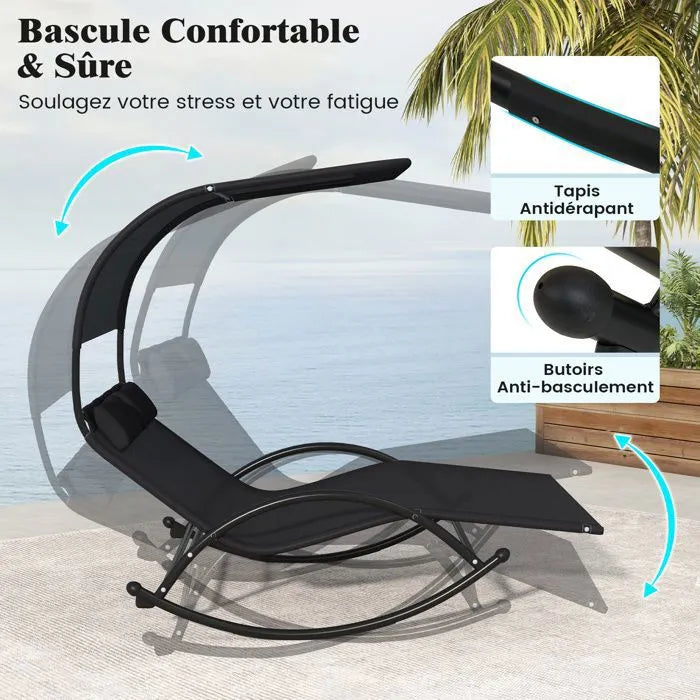 COSTWAY Chaise à Bascule de Jardin 2 Places — Auvent anti-UV, 2 appui-têtes amovibles, capacité 300 kg