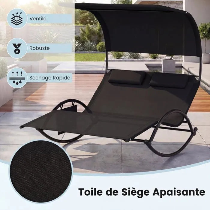 COSTWAY Chaise à Bascule de Jardin 2 Places — Auvent anti-UV, 2 appui-têtes amovibles, capacité 300 kg