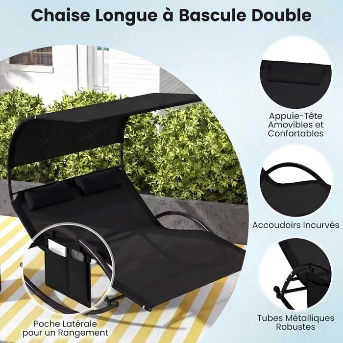 COSTWAY Chaise à Bascule de Jardin 2 Places — Auvent anti-UV, 2 appui-têtes amovibles, capacité 300 kg