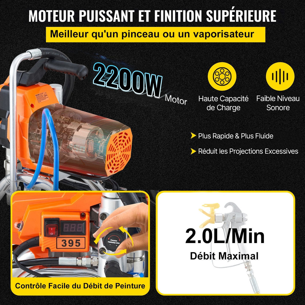 VEVOR Pulvérisateur de Peinture Sans Air 2200 W — 3000 PSI, Moteur Brushless, Tuyau Haute Pression 9 m