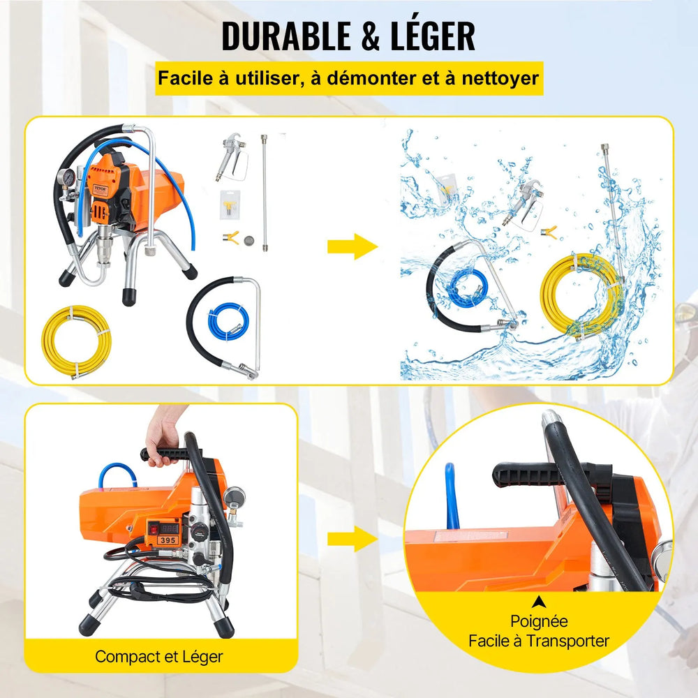 VEVOR Pulvérisateur de Peinture Sans Air 2200 W — 3000 PSI, Moteur Brushless, Tuyau Haute Pression 9 m