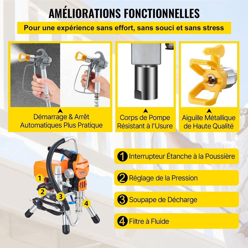 VEVOR Pulvérisateur de Peinture Sans Air 2200 W — 3000 PSI, Moteur Brushless, Tuyau Haute Pression 9 m