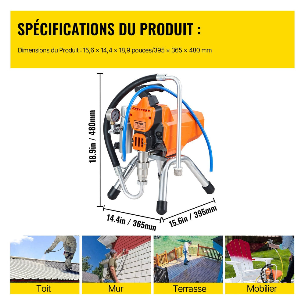VEVOR Pulvérisateur de Peinture Sans Air 2200 W — 3000 PSI, Moteur Brushless, Tuyau Haute Pression 9 m