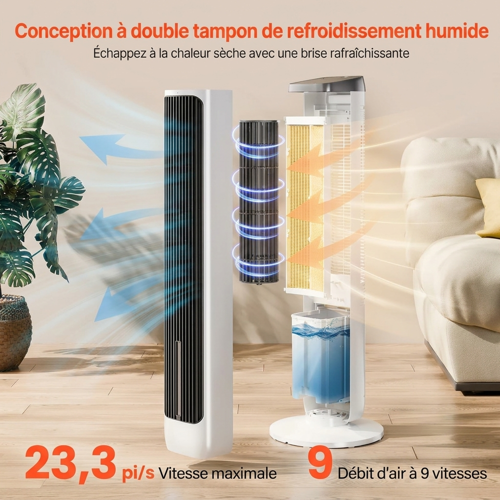 VEVOR Ventilateur Tour Colonne 1017 mm — Oscillation 70°, Silencieux, Humidificateur 4L, Télécommande & Minuterie 24h