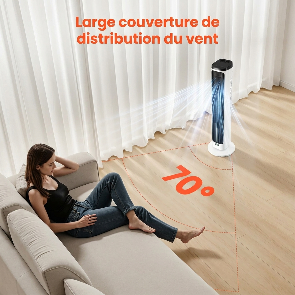 VEVOR Ventilateur Tour Colonne 1017 mm — Oscillation 70°, Silencieux, Humidificateur 4L, Télécommande & Minuterie 24h