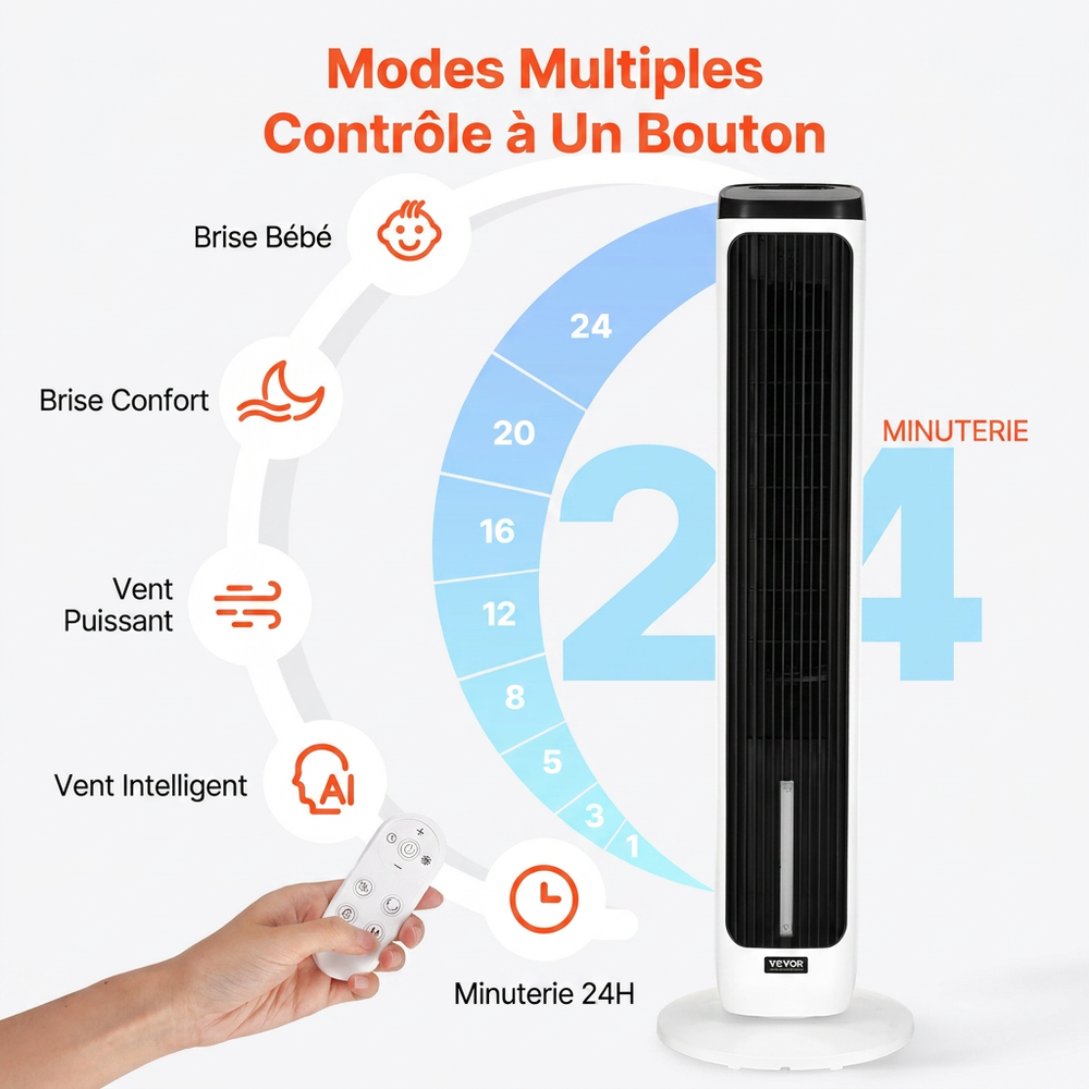 VEVOR Ventilateur Tour Colonne 1017 mm — Oscillation 70°, Silencieux, Humidificateur 4L, Télécommande & Minuterie 24h