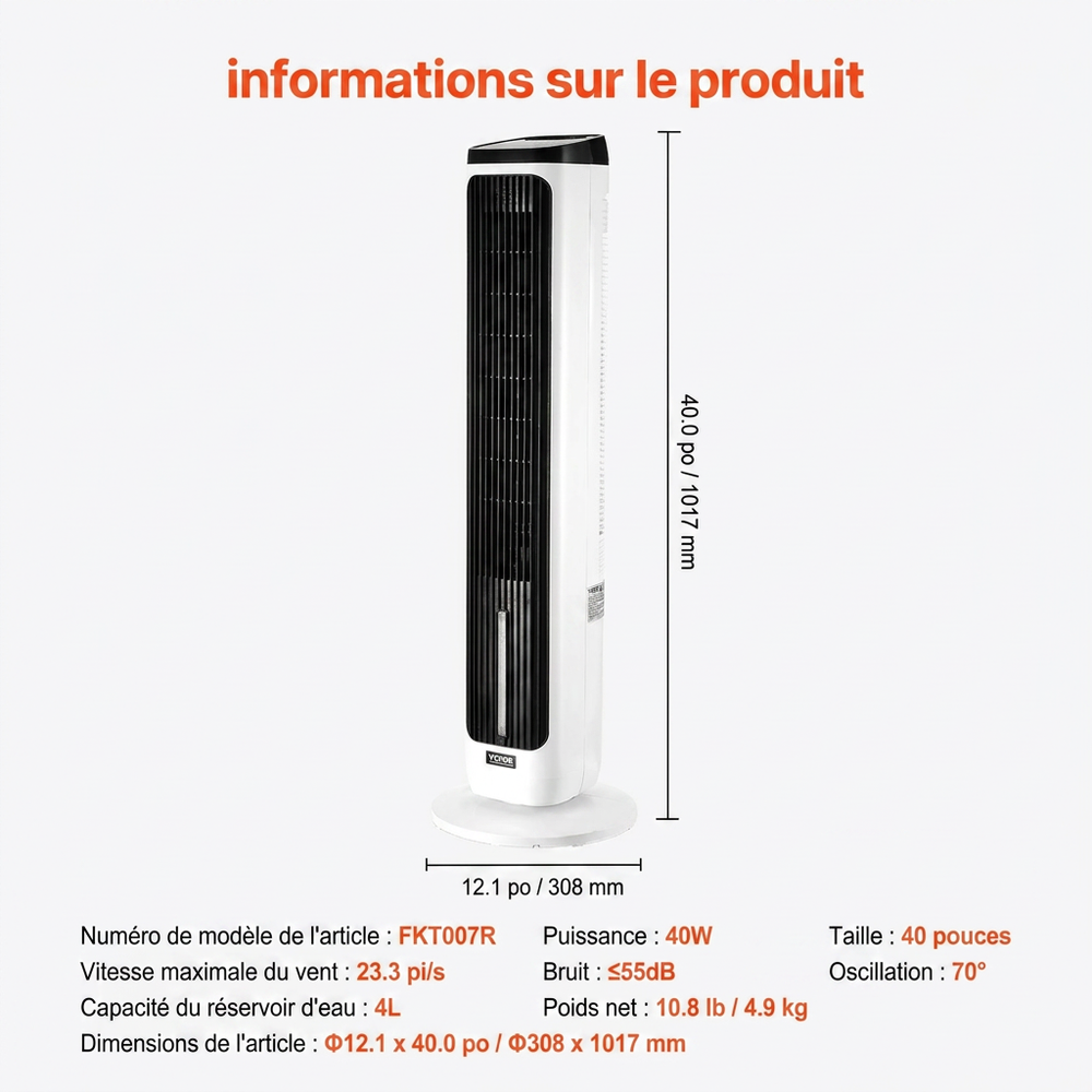 VEVOR Ventilateur Tour Colonne 1017 mm — Oscillation 70°, Silencieux, Humidificateur 4L, Télécommande & Minuterie 24h