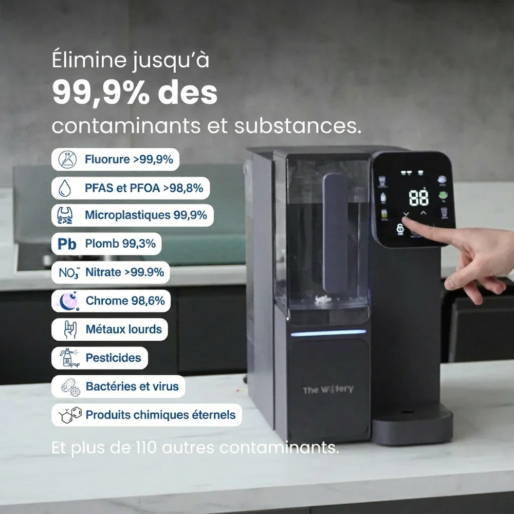 The Watery — Purificateur d'eau osmose inverse 4 étapes, eau chaude & froide instantanée, pichet 1,4 L