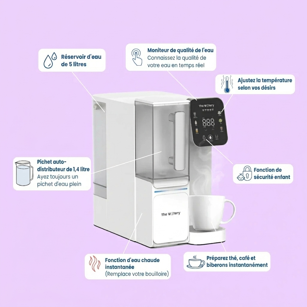 The Watery — Purificateur d'eau osmose inverse 4 étapes, eau chaude & froide instantanée, pichet 1,4 L