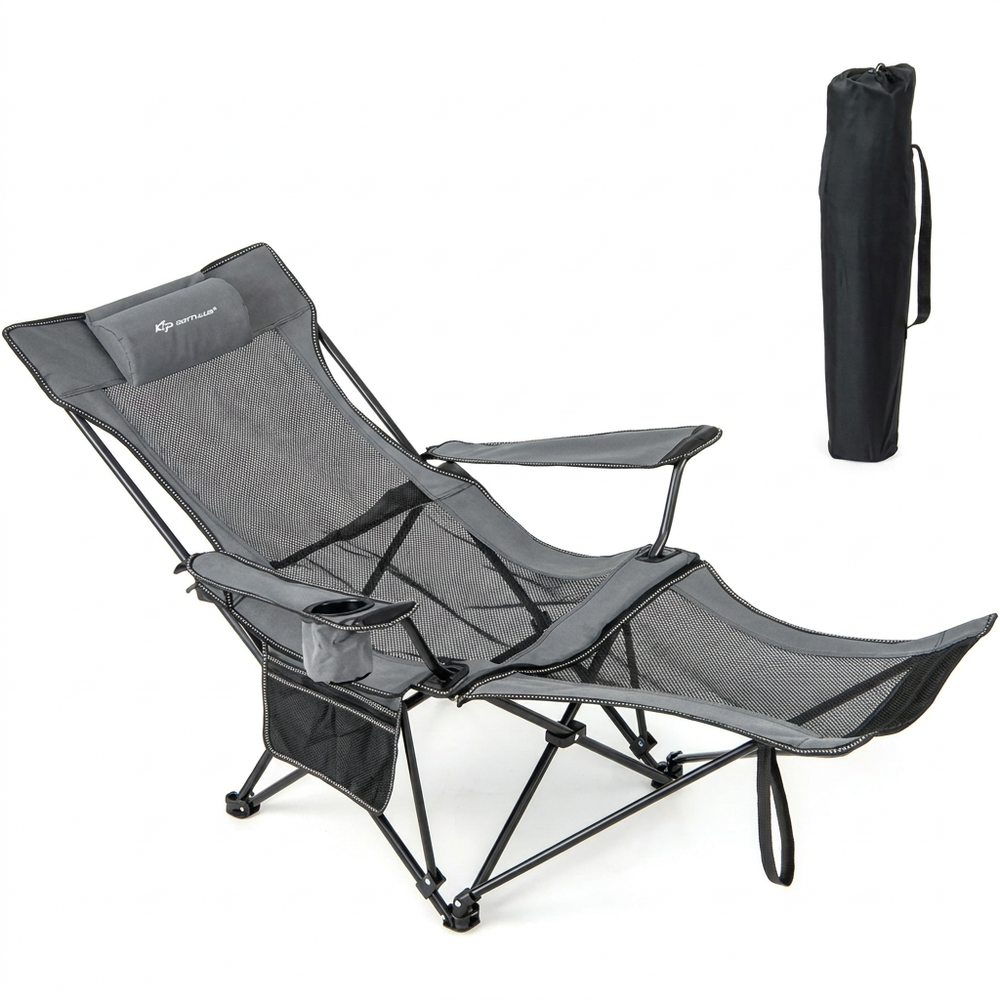 GOPLUS Chaise Longue de Camping Pliable — Dossier inclinable 110-135°, repose-pieds amovible, porte-boisson & sac de transport inclus