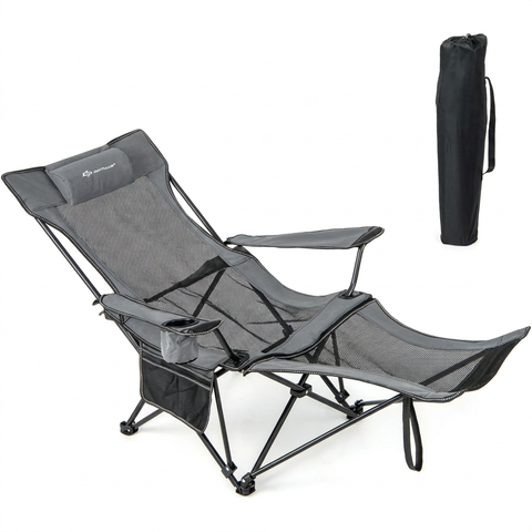 GOPLUS Chaise Longue de Camping Pliable — Dossier inclinable 110-135°, repose-pieds amovible, porte-boisson & sac de transport inclus
