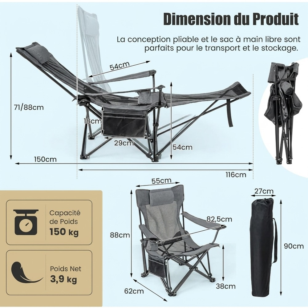 GOPLUS Chaise Longue de Camping Pliable — Dossier inclinable 110-135°, repose-pieds amovible, porte-boisson & sac de transport inclus