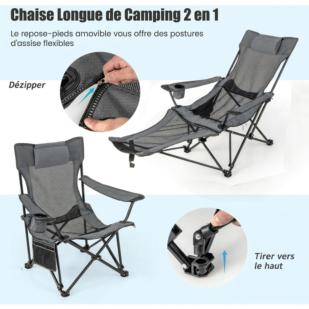 GOPLUS Chaise Longue de Camping Pliable — Dossier inclinable 110-135°, repose-pieds amovible, porte-boisson & sac de transport inclus
