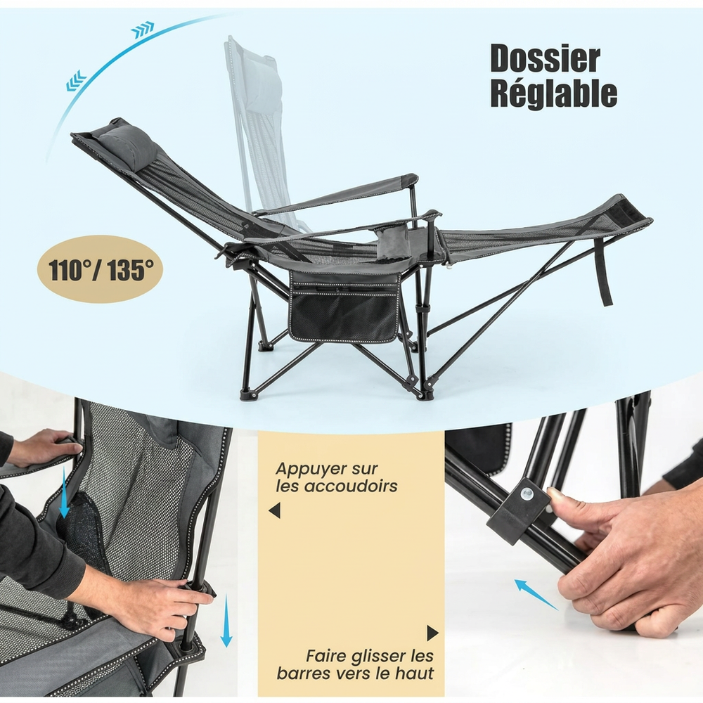 GOPLUS Chaise Longue de Camping Pliable — Dossier inclinable 110-135°, repose-pieds amovible, porte-boisson & sac de transport inclus