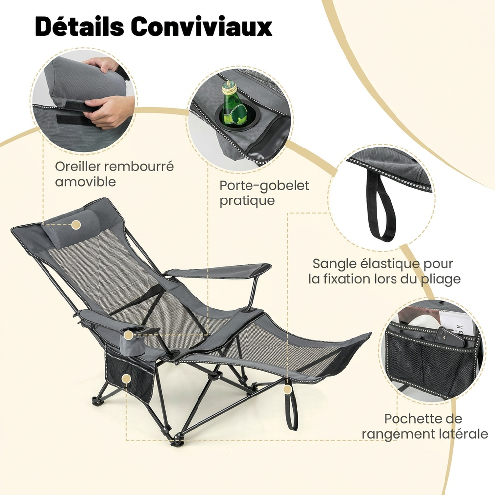 GOPLUS Chaise Longue de Camping Pliable — Dossier inclinable 110-135°, repose-pieds amovible, porte-boisson & sac de transport inclus