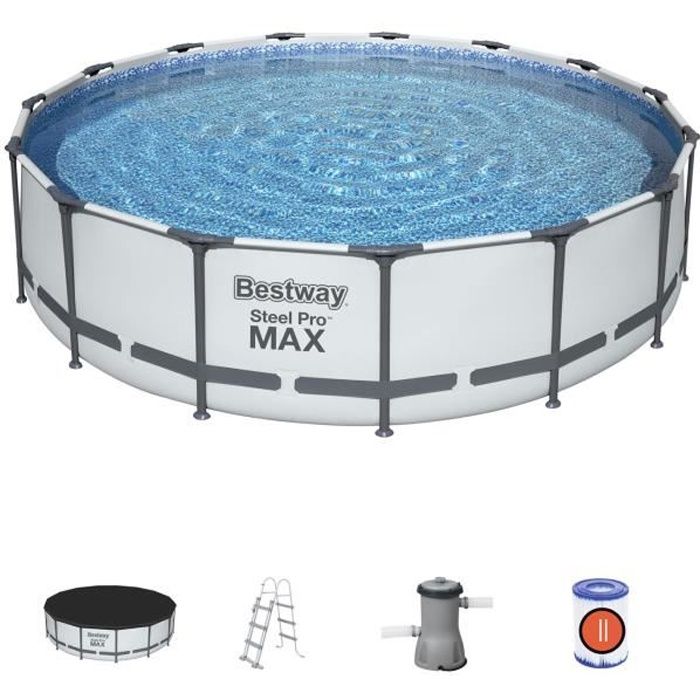 Kit Piscine hors sol tubulaire BESTWAY Steel Pro Max™- 457 x 107 cm - Ronde (Avec pompe de filtration, échelle + bâche)