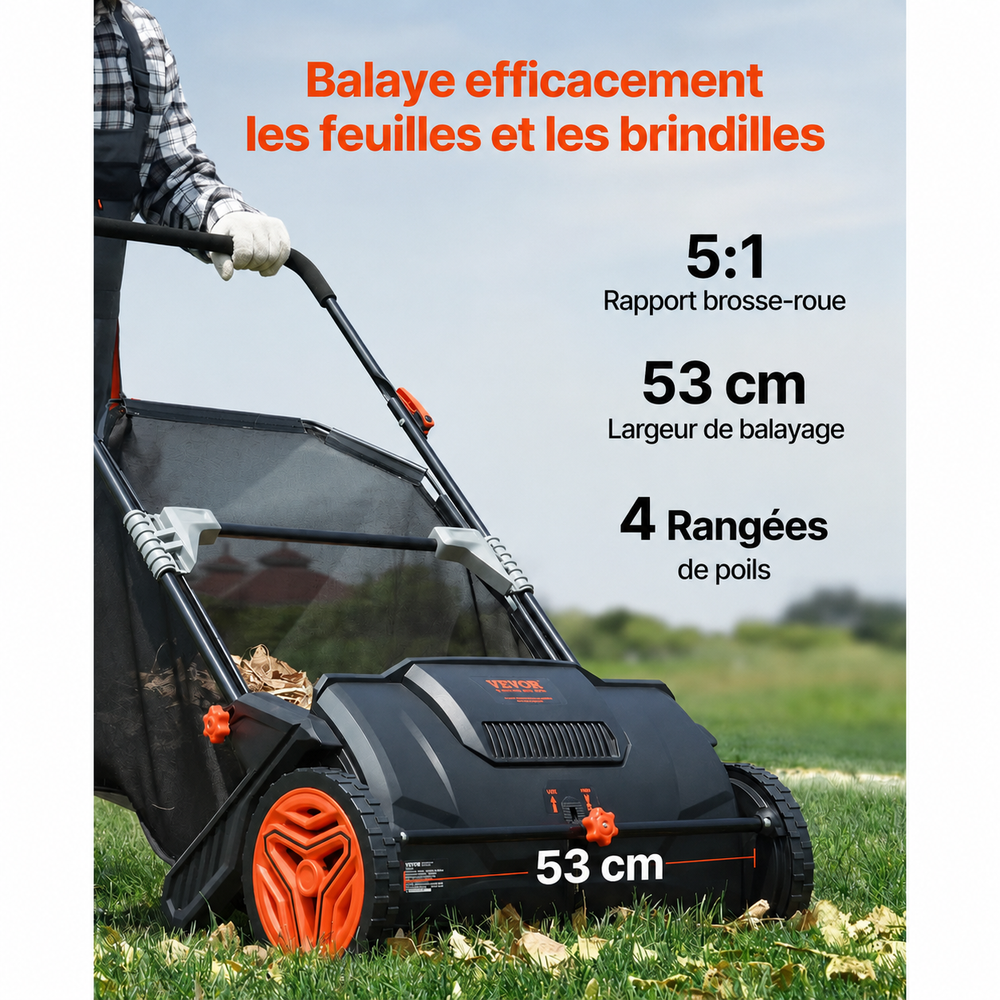LeafMaster - Balayeuse à Gazon avec Bac à Grande Capacité