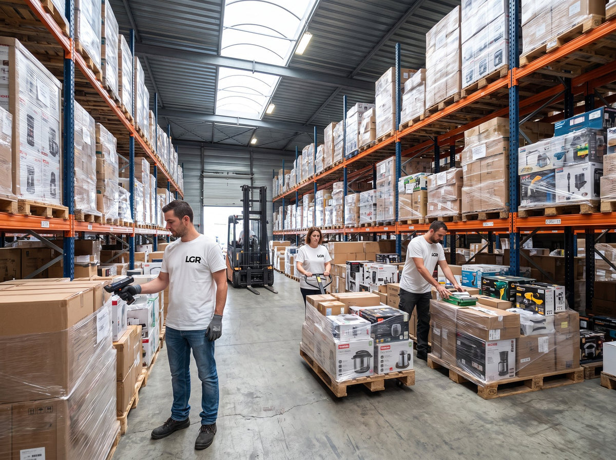 Palettes de déstockage dans l'entrepôt Le Grand Rayon