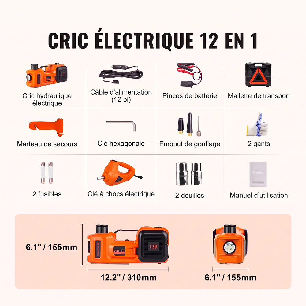 Kit de cric hydraulique électrique 5T 12V