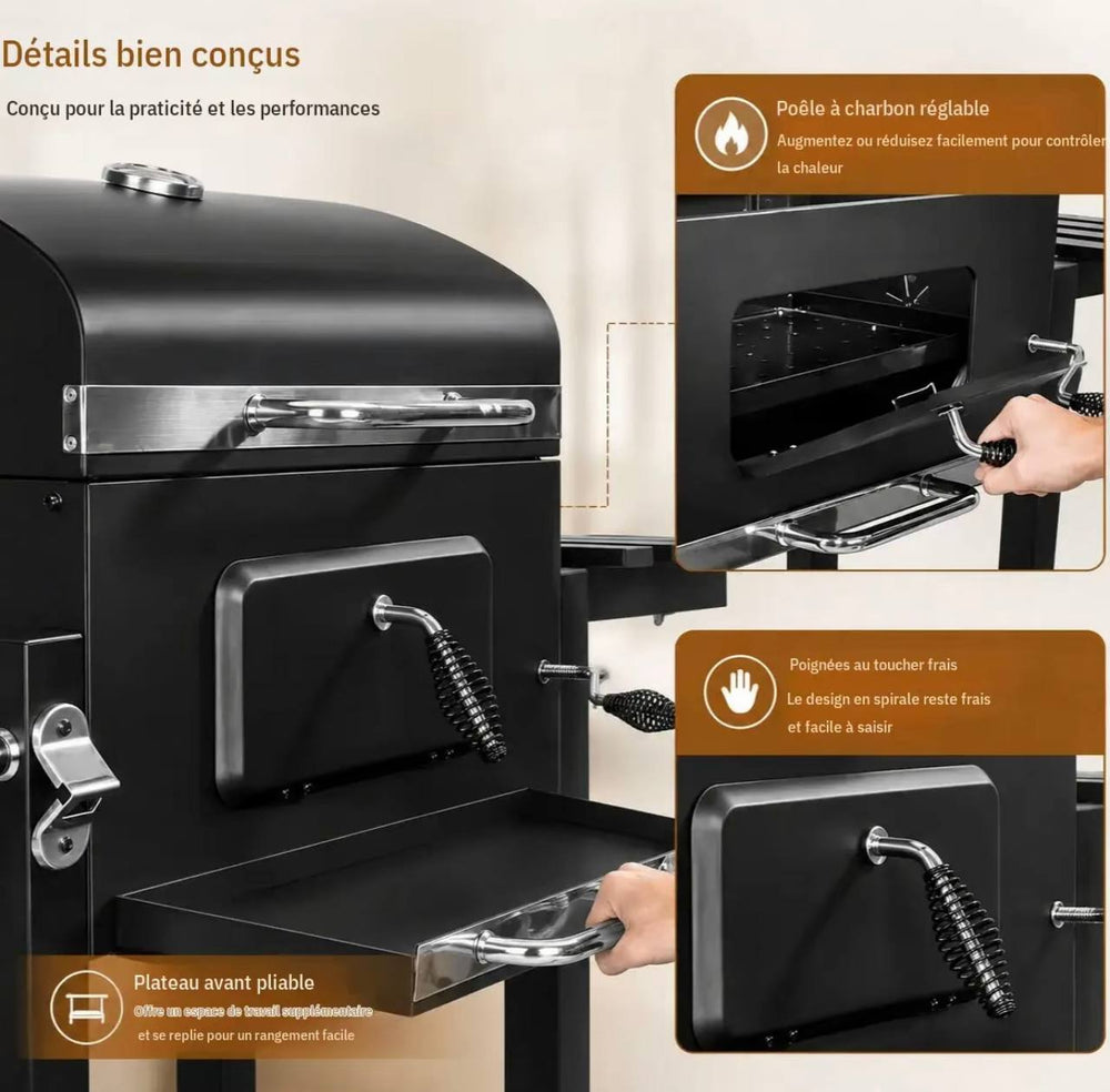Barbecue charbon 3-en-1 — Grill, Fumoir & Rôtissoire
