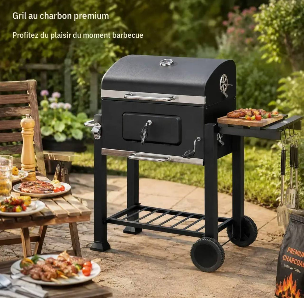 Barbecue charbon 3-en-1 — Grill, Fumoir & Rôtissoire